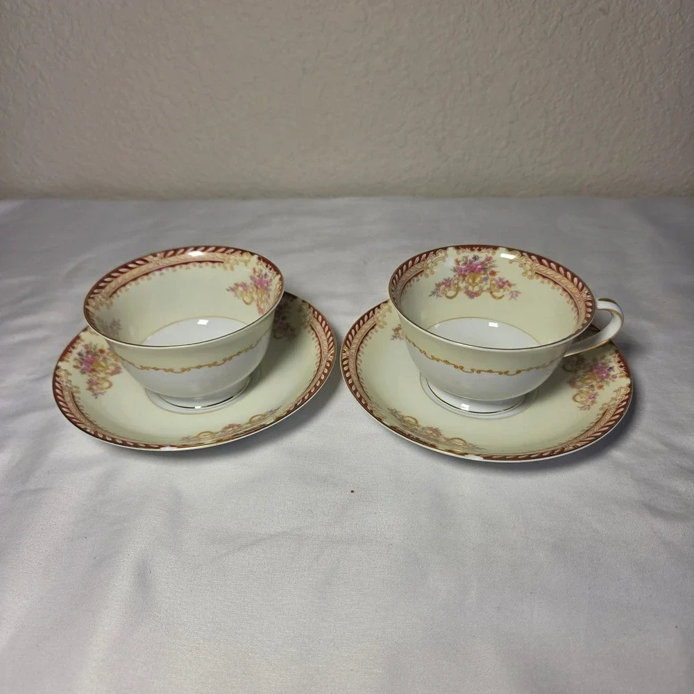 Noritake Teacup and Saucer Set of 2 Cream Pink Floral Burgundy Gold Trim Japan